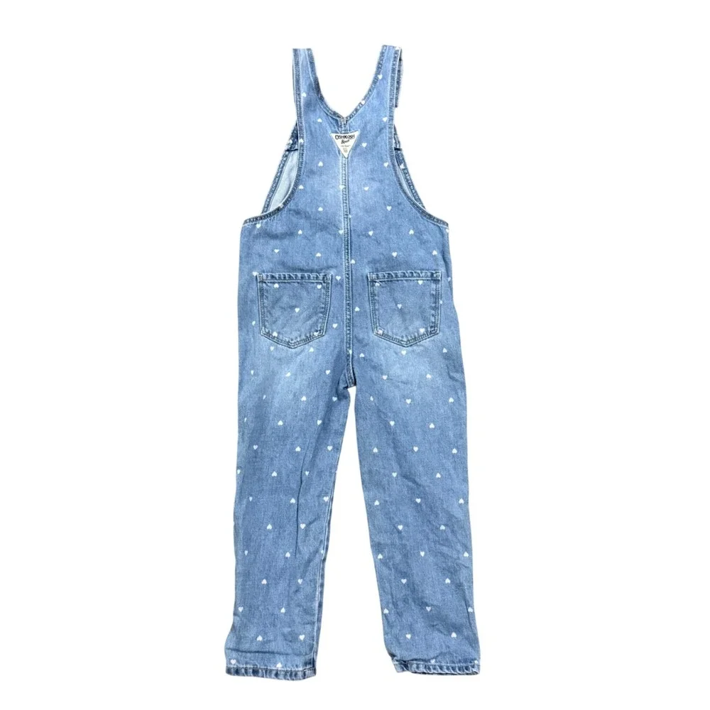 OshKosh B'gosh Girls Blue Heart Print Denim Overalls Size 5T Light Wash Bibs